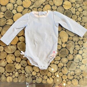 Ruffle Butts Striped Blue and White Kids One Piece. 2T
